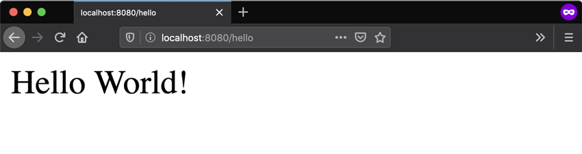 浏览器屏幕显示了我们应用程序的默认“ hello world”输出。